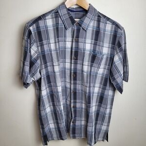 Tommy Bahama 100% Silk Shirt Mens Large Gray Blue Plaid Button Down Short Sleeve